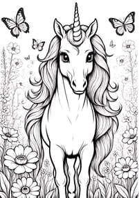 Unicorn in Blooming Meadow Coloring Page