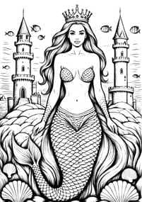 Mermaid Queen with Underwater Castle coloring preview