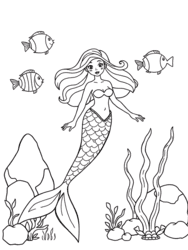 Mermaid Surrounded by Tropical Fish coloring preview