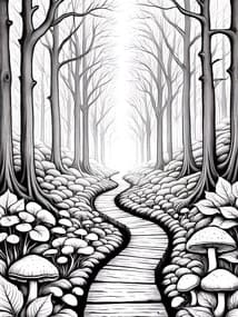 Autumn Forest Path with Mushrooms Coloring Page