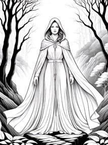 Cloaked Sorceress in Autumn Forest Coloring Page