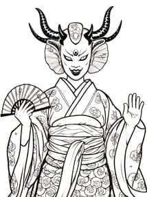 Oni Geisha with Horns and Fan coloring preview
