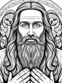 Noah in Prayer with Towering Animals coloring preview