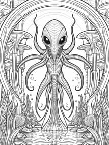 Octopus Alien in Underwater Temple Coloring Page
