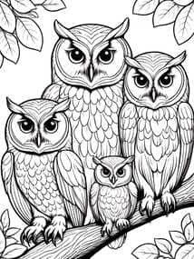 Owl Family of Four on Branch coloring preview