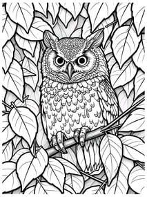 Owl in Forest Leaves coloring preview
