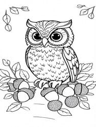 Owl with Acorn Pile and Leaves coloring preview