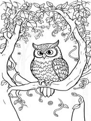 Owl on Branch with Vines coloring preview