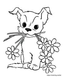 Puppy Holding Flowers Bouquet