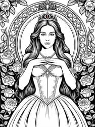 Princess in Rose-Embellished Gown coloring preview
