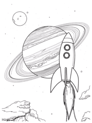 Rocket with Flames Near Saturn coloring preview
