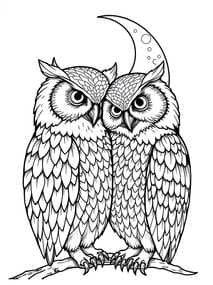 Pair of Owls Under Crescent Moon coloring preview
