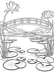 Japanese Bridge Amid Water Lilies coloring preview