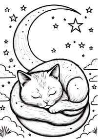 Sleeping Cat Under Crescent Moon Printable Page