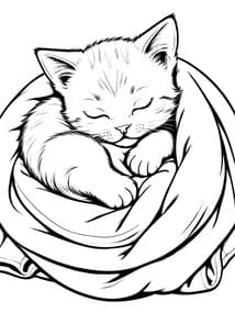 Sleeping Cat Curled in Blanket Printable Page