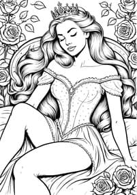Sleeping Beauty with Crown and Roses coloring preview