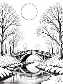 Snowy Bridge Under Full Moon coloring preview
