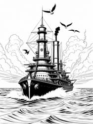 Steampunk Battleship on Stormy Seas coloring preview