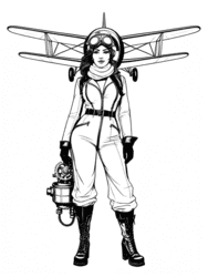 Aviator Woman Posing with Biplane coloring preview