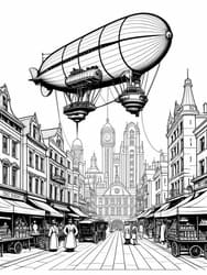 Zeppelin Over Bustling Market coloring preview