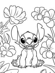 Stitch Surrounded by Flowers coloring preview