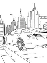 Tesla Driving Through City coloring preview