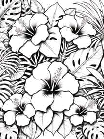 Tropical Hibiscus and Monstera Leaves coloring preview