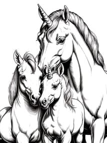 Unicorn Mother with Two Foals coloring preview