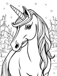 Unicorn Among Snowy Trees coloring preview