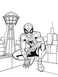Spider-Man Crouching on Rooftop coloring preview
