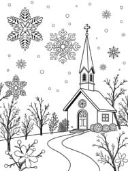 Snowy Church Scene with Path and Trees coloring preview