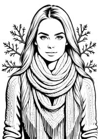 Beautiful Winter Girl in Knitted Scarf coloring preview
