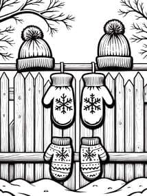 Winter Mittens and Hats on Fence coloring preview