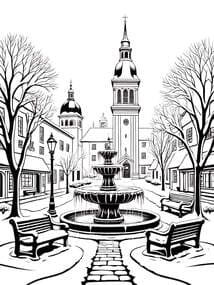 Winter Village Square with Fountain coloring preview