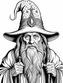 Wizard with Starry Hat and Staff coloring preview