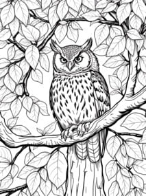 Owl on Branch with Leaves coloring preview