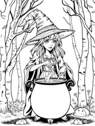 Witch with Hat in Forest Brewing coloring preview