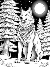Free printable Wolf with Bandana in Moonlit Forest