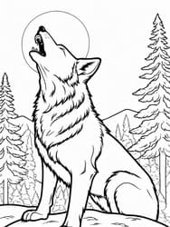 Wolf Howling at Moon in Forest coloring preview